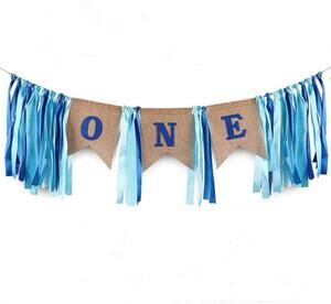 Baby First Birthday Burlap Banner in Blue Tan